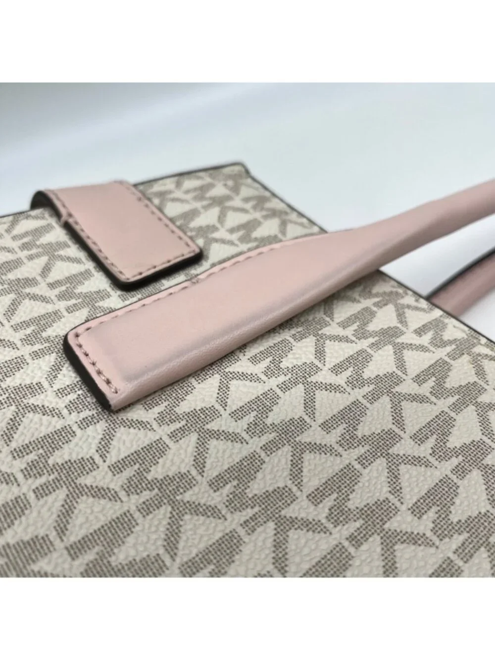 Michael Kors Carmen Vanilla/Powder Blush Signature Canvas Medium Belted Satchel